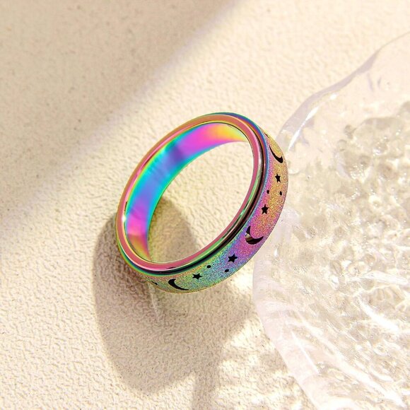 Anxiety Ring for Women Spinner Rings:Rotating Rings Stainless Steel 6mm Moon Sta - Picture 6 of 7
